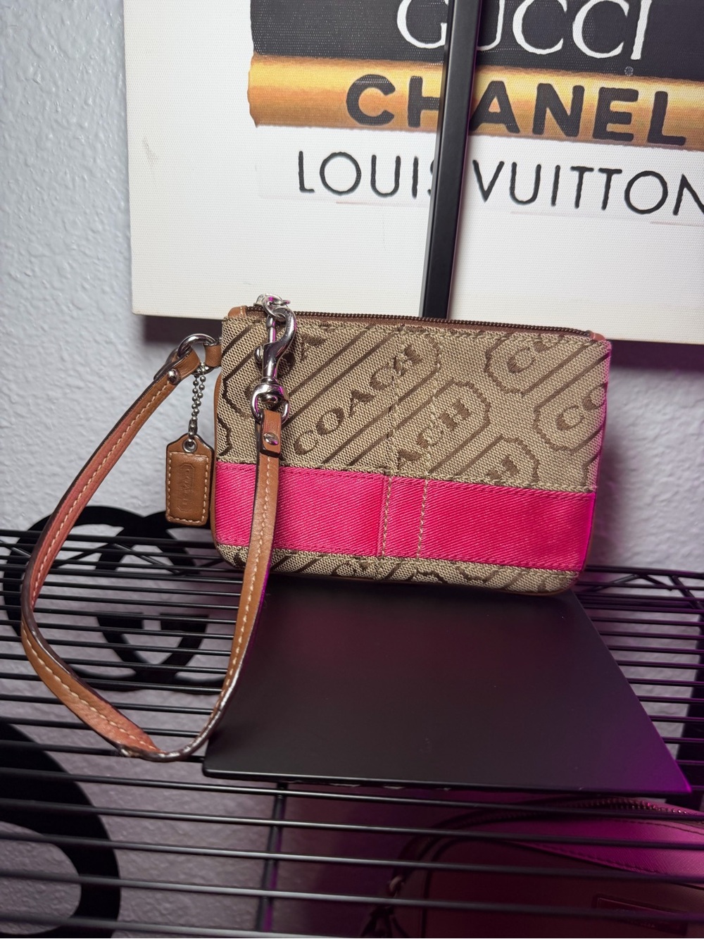 Coach Signature Canvas Wristlet in Beige with Pink Accent 2011-2013